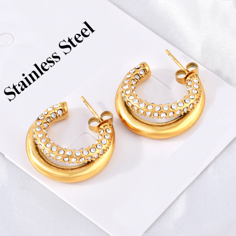 1 Pair Simple Style C Shape Plating Inlay Titanium Steel Artificial Diamond Ear Studs display picture 1