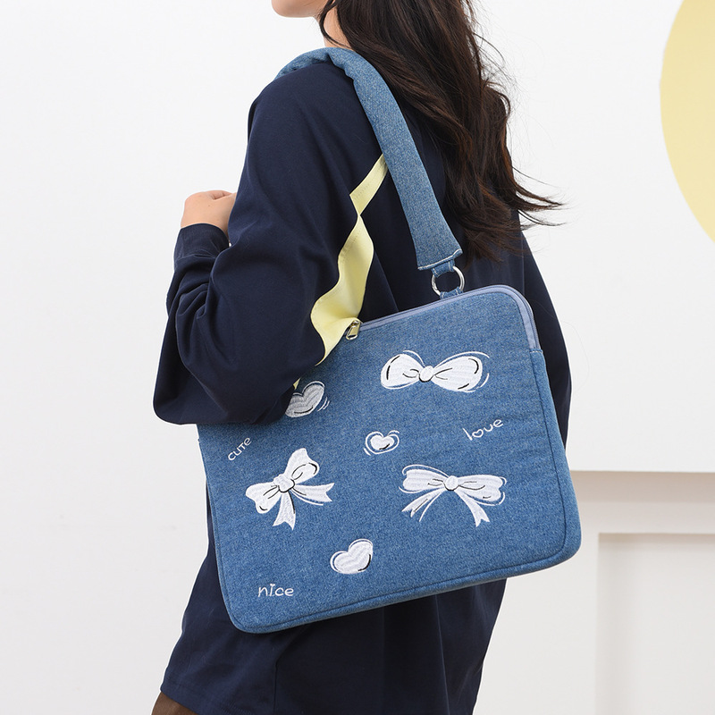 Denim Embroidered Cute Single-Shoulder Computer Bag Plush Shockproof Detachable Laptop Sleeve Bag 13/ 16inch