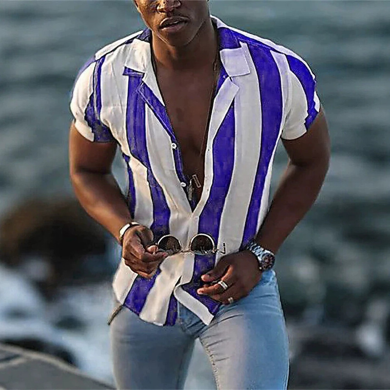 Summer Men's Hawaiian Shirt Casual Short Sleeve 5-Color Striped 3D Printed Button Lightweight Oversized Clothing Summer Men's Hawaiian Shirt Casual Short Sleeve 5-Color Striped 3D Printed Button Lightweight Oversized Clothing