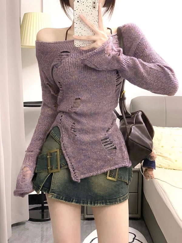 镂空针织衫紫色上衣女2025早秋新款罩衫不规则一字肩内搭打底衫潮|undefined