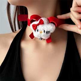 性感辣妹少女红色皮质毛绒Kitty猫choker项圈女小众甜美可爱颈圈