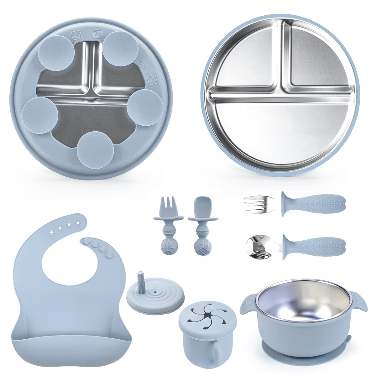 Tazón de alimentos suplementarios personalizados para bebés 304 cubiertos de acero inoxidable juegos de cubiertos de silicona para niños patrón impreso