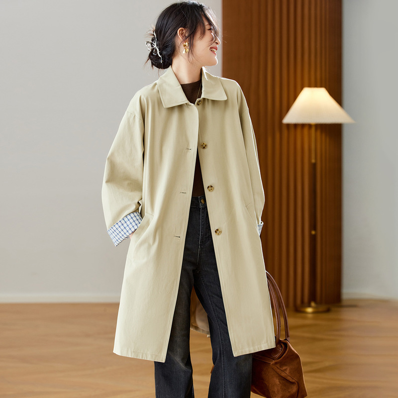Cotton Cocoon Khaki Trench Coat for Women, Mid-Length, 2026 Spring and Autumn New Style, British Artistic Retro Jacket