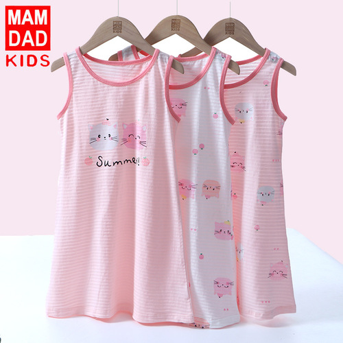 Children's sundress summer thin breathable bamboo cotton girl baby girl sundress vest nightgown new style