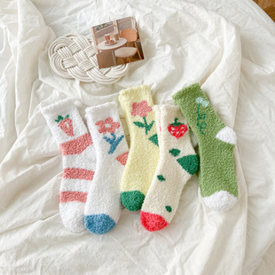Winter Coral Fleece Socks Women's fleece-lined Thickened Home Sleep Warm Cartoon Ins Small Fresh Mid-tube Floor Socks