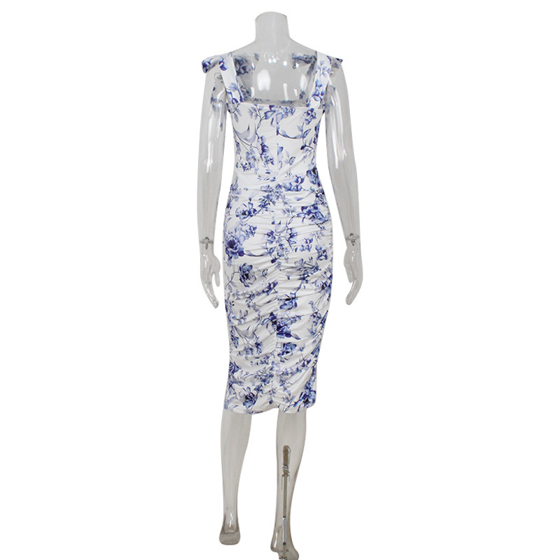 280g Weight Knee-Length Dress Length Type Sleeveless Sleeve Length One-Step Skirt Dresses Type Sleeveless Sleeve Type Spandex, Polyester Fabric Type Mid Waist Waist Line Party, Beach Occasion Sling style, Square Neck Neckline Slim Fit Type Printing Pattern 2025 Spring and Summer Season Women's, Adults Gender Pleated Design Royal Sister Wind Style 2025 New European And American Foreign Trade Amazon Women's Clothing Summer New Fashion Retro Printed Pleated Design Dress 11