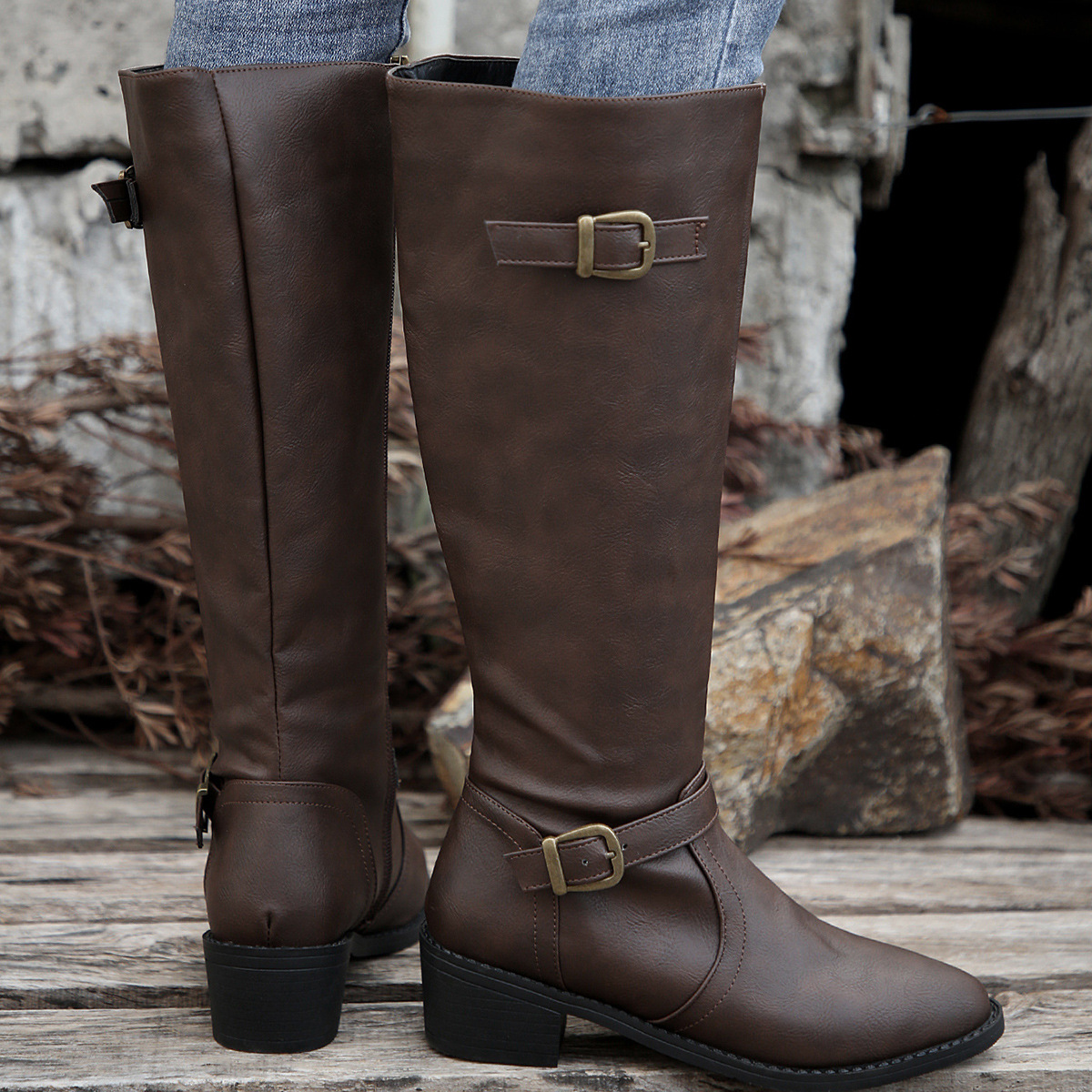 Women's boots Square heel high knight boots belt buckle Solid color boots for women_voghion.com