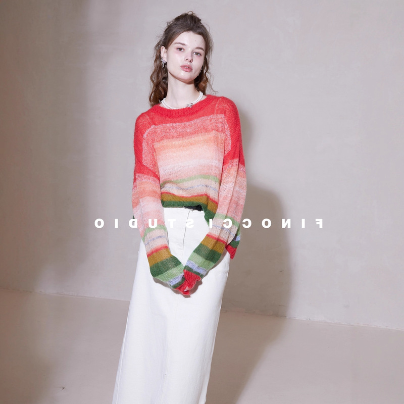 Mohair Rainbow Color-Blocked Striped Sweater That Makes You Look Fairer and More Fashionable