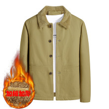 秋冬季新款翻领外套男爸爸装中年夹克加绒休闲外衣纯棉水洗风衣