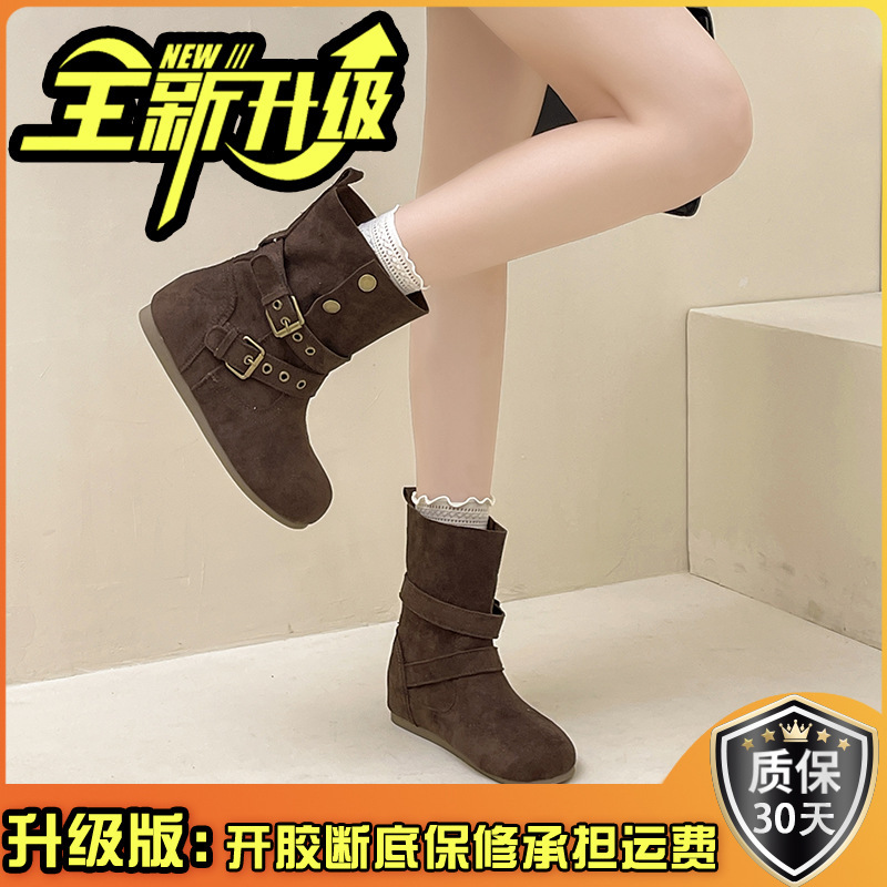 复古风欧美皮带扣圆头平跟短靴女2025秋冬新款舒适百搭时尚马丁靴|undefined