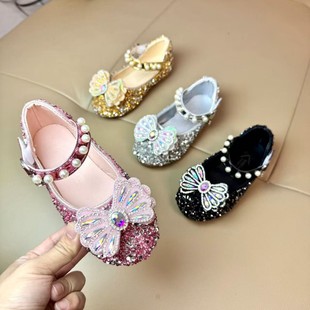 2024 spring and autumn new children's crystal shoes wholesale girls cute bow fashion shoes girls princess shoes