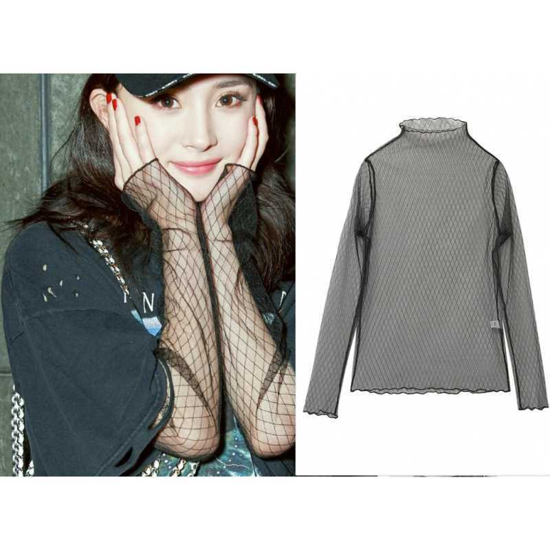 Yang Mi's Celebrity-Inspired Mesh Long-Sleeve Hollow-Out See-Through Fishnet Undershirt Paired with a Black Lace Transparent Top Yang Mi's Celebrity-Inspired Mesh Long-Sleeve Hollow-Out See-Through Fishnet Undershirt Paired with a Black Lace Transparent Top