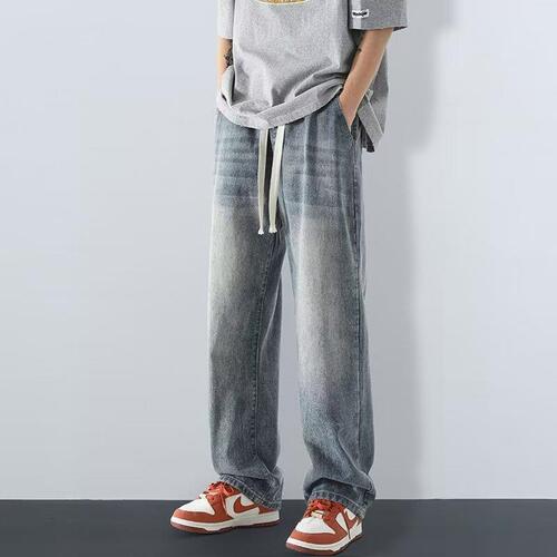 Men's Straight Leg Loose Retro Denim Jeans, Trendy Wide Leg American Street Style Casual Long Pants