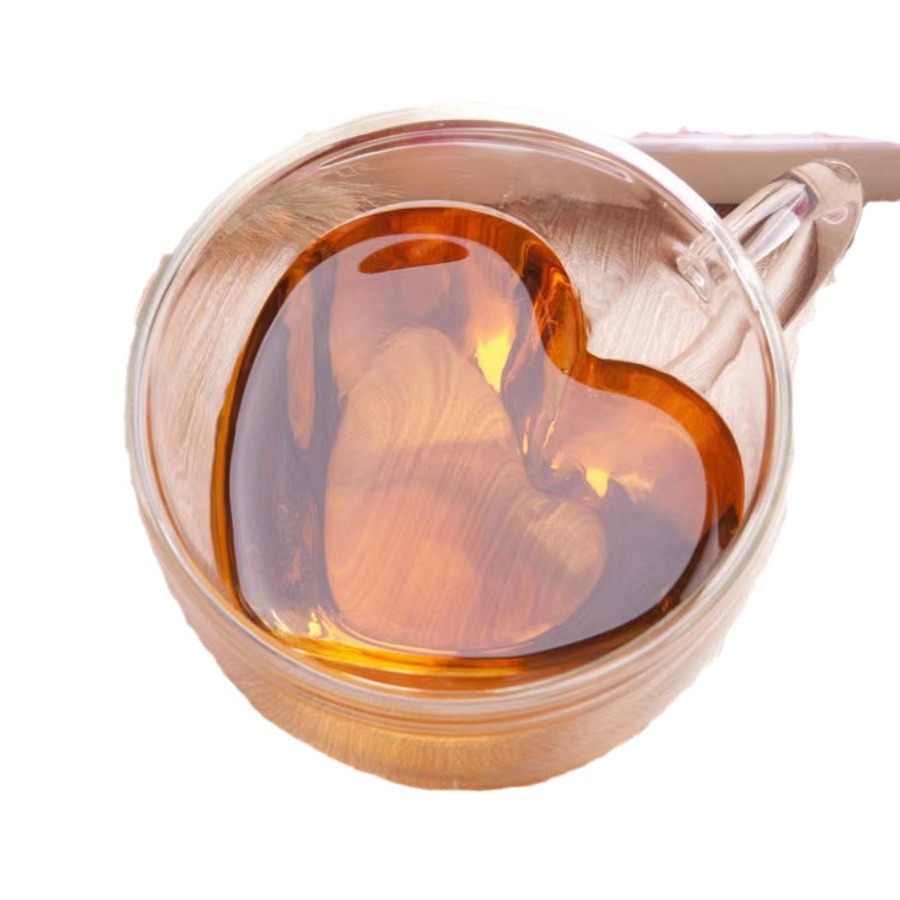 Taza de doble capa en forma de corazón con mango anti-escaldado taza de bebida doméstica taza de agua taza de vidrio regalo amor taza de café