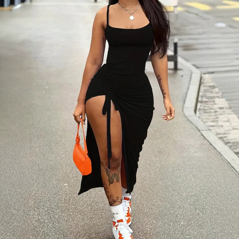 Cross-Border Summer Hot Girl Style Spaghetti Strap Dress with Side Drawstring, High Slit, Slim Fit, Bodycon, Long Skirt Cross-Border Summer Hot Girl Style Spaghetti Strap Dress with Side Drawstring, High Slit, Slim Fit, Bodycon, Long Skirt
