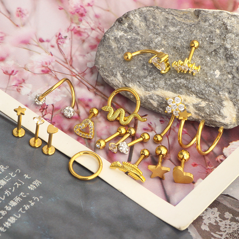 Zircon Star Cartilage Earrings Set - 17Pcs Rose Gold Stainless Steel Ear Piercing Jewelry detail image 10