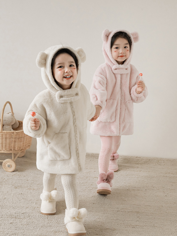 Qiu Duo Meng Girls Stuffed Bear Ears Hat Tops Warm 2025 New Spring and Autumn Children's Cute Loose Top Thick