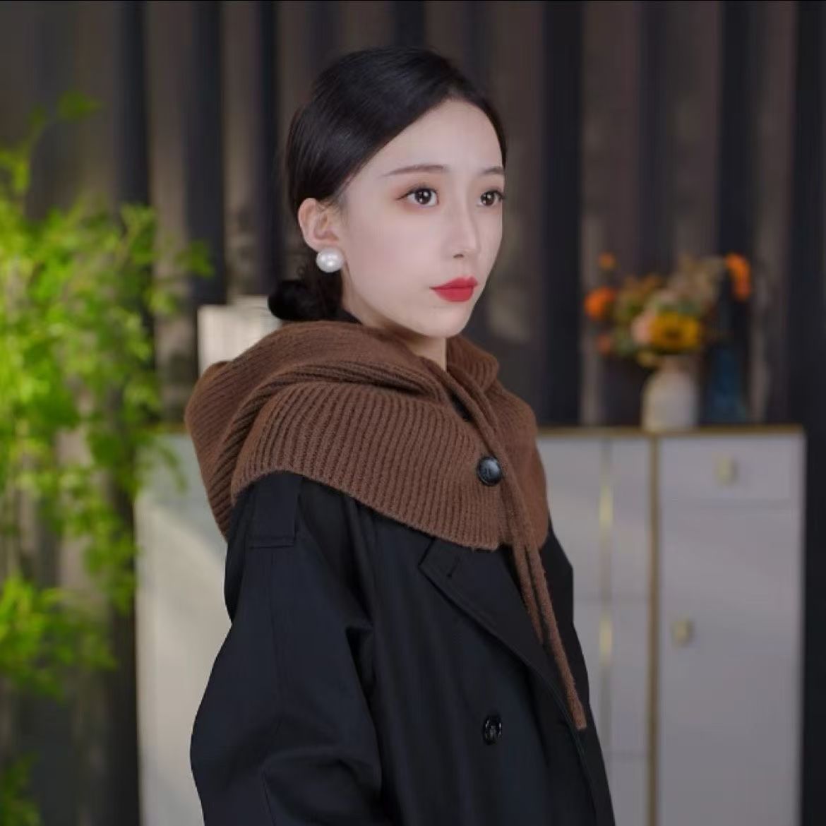 New Versatile Knitted Scarf-Hood Combo, Warm down Jacket with Soft Drawstring Closure, Shawl Hat for Women