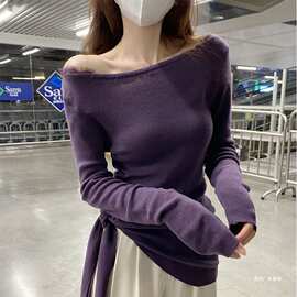 法式气质不规则斜肩长袖针织上衣女春季韩系穿搭绑带收腰打底毛衣