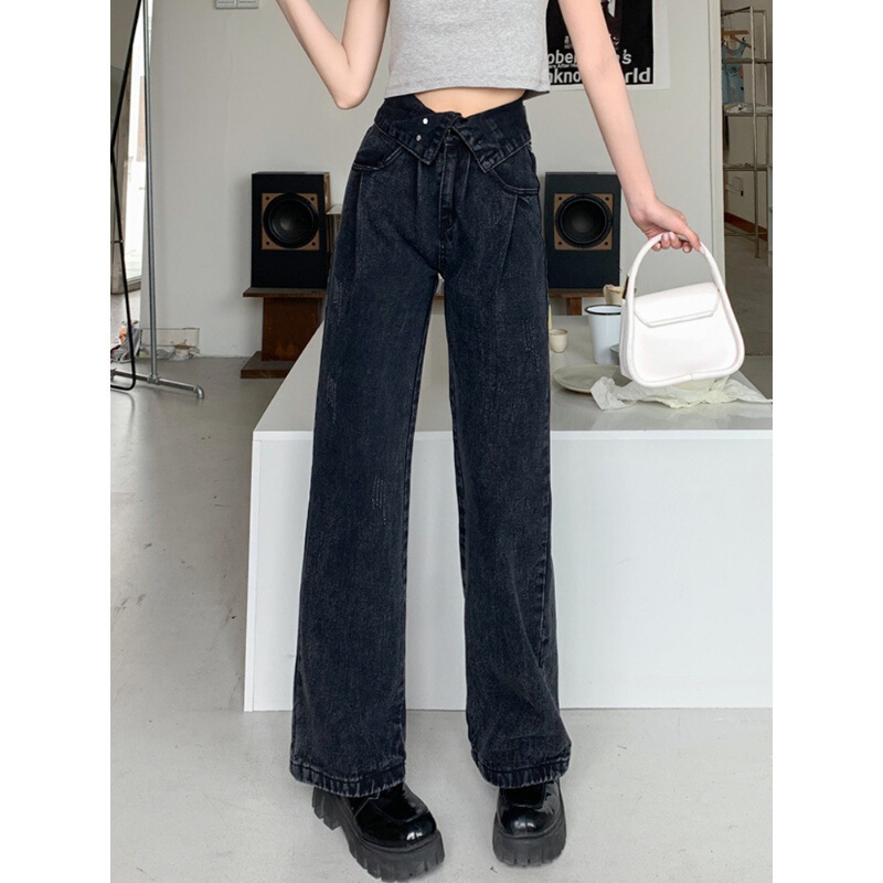 Vintage High-Waisted Button Jeans for Women, Spring and Autumn New Style, Tummy Control, Slimming Wide-Leg Pants, Loose Floor-Length Straight Pants