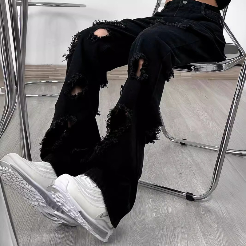 Summer American Style Retro Ripped Micro Horn Black Jeans Men's Trendy Brand High Street Straight Slimming Loose Pants