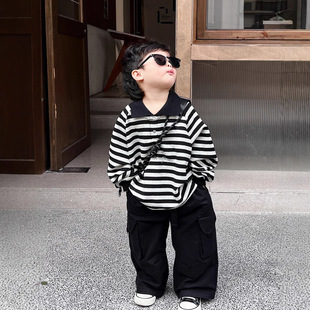 Boys' Striped Polo Shirt 2025 Spring and Autumn New Baby Lapel Top T-shirt Korean Style Fashionable Children's T-shirt Trendy Cool