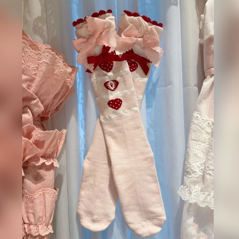 Soft Lolita Socks, Cute Japanese Jk Strawberry Socks, Sweet Girly Pink Bow Mid-Calf Socks Soft Lolita Socks, Cute Japanese Jk Strawberry Socks, Sweet Girly Pink Bow Mid-Calf Socks