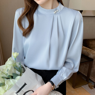 Autumn Clothing 2025 New Half Turtleneck Beaded Pleated Long-Sleeved Chiffon Shirt Women's Design Niche Chic Top