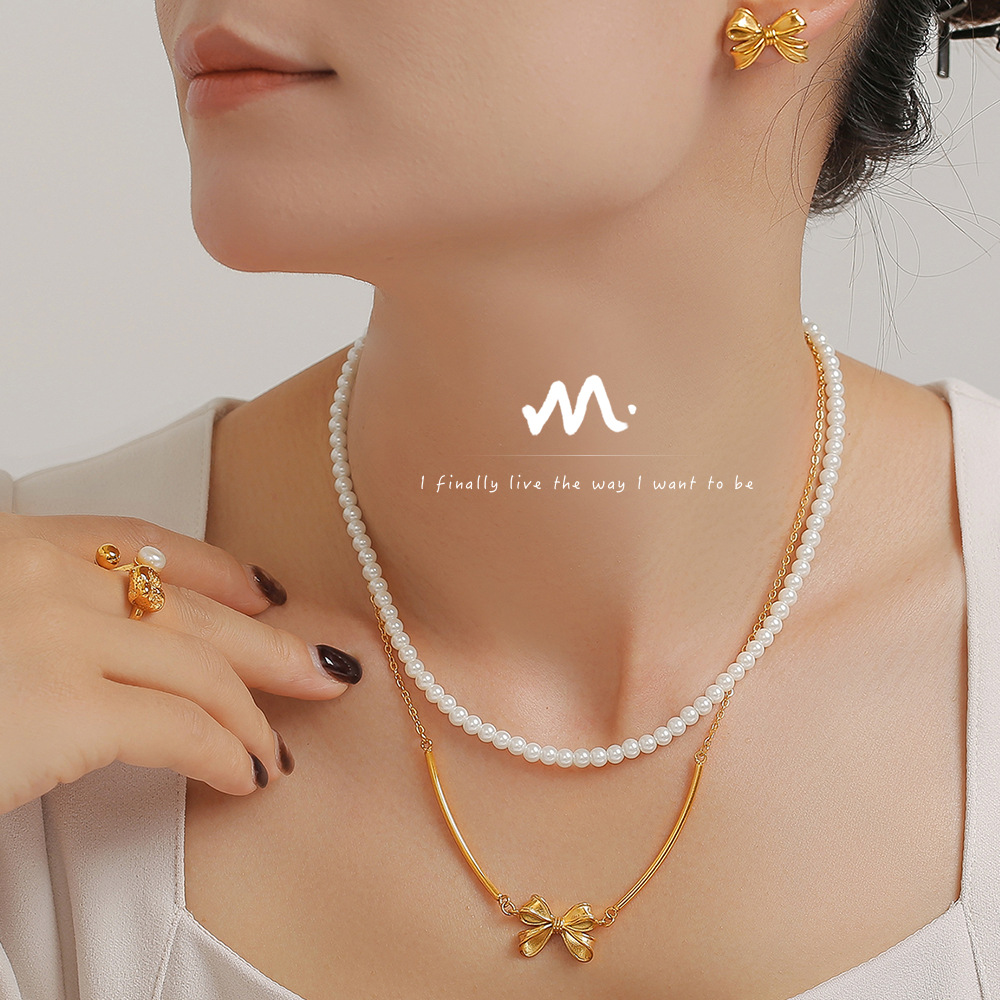 Hot Selling Bow Necklace Earrings Vintage Sweet Princess Stacked Bead Collarbone Chain Set_voghion.com