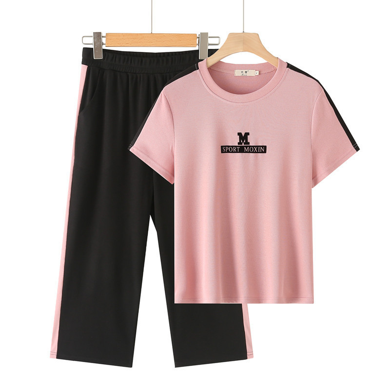 Middle-Aged Women's Summer Sports Suit, Fashionable and Stylish, Casual Ice Silk Short-Sleeve T-Shirt, Summer Women's Clothing