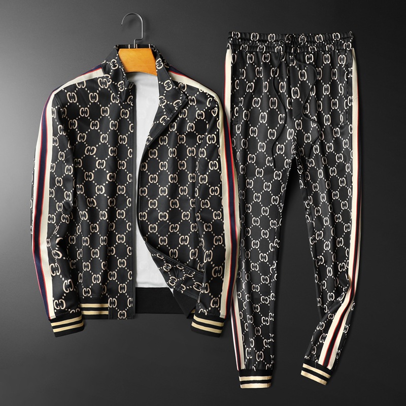 歐洲站2021春秋新款男士休閑運動立領夾克套裝大碼寬松印花兩件套