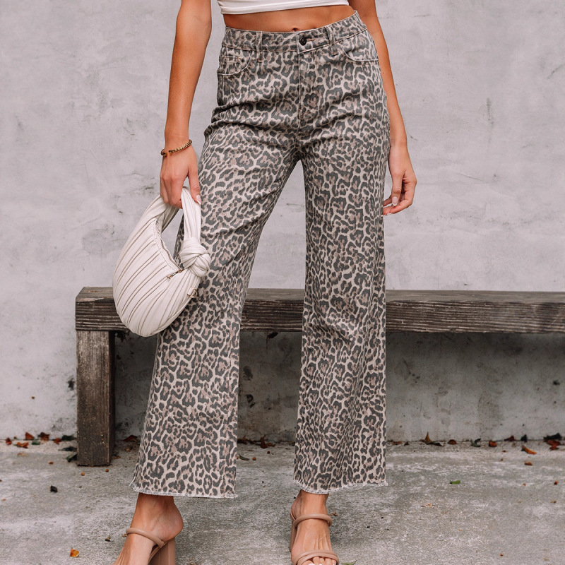 Summer New High-Waisted Frayed Jeans for Women European and American Personality Trendy Leopard Print Straight Pants Women's Wholesale