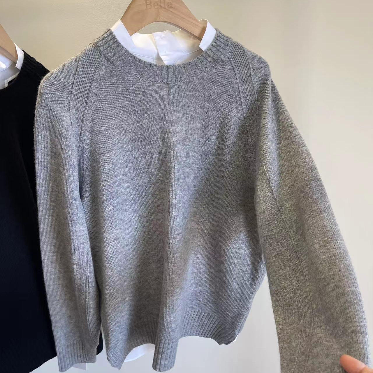 【时髦女作家】时尚拼接领针织衫意大利后整百搭长袖休闲上衣