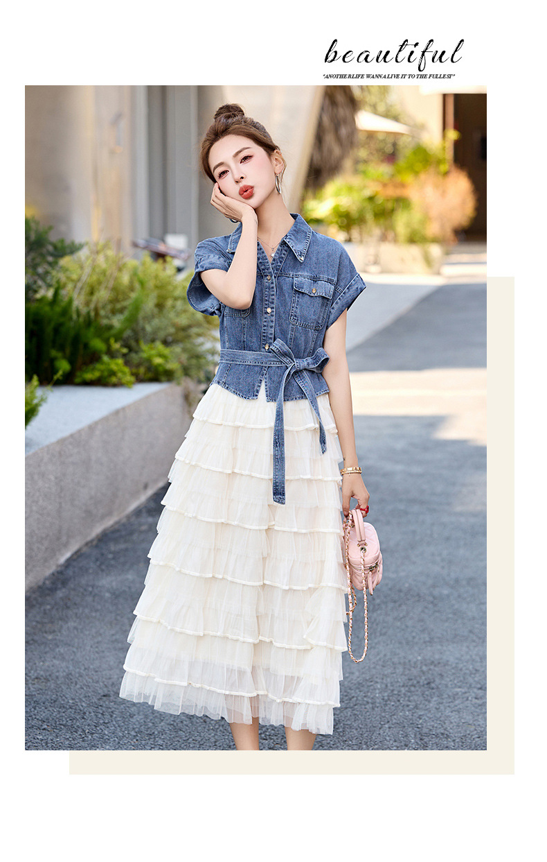 Váy liền denim tay ngắn thắt eo tôn dáng mới mùa hè 2025 YH2666 — Màu như hình chi tiết 13