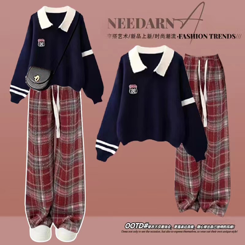 navy blue red plat pants (fleece-lined)