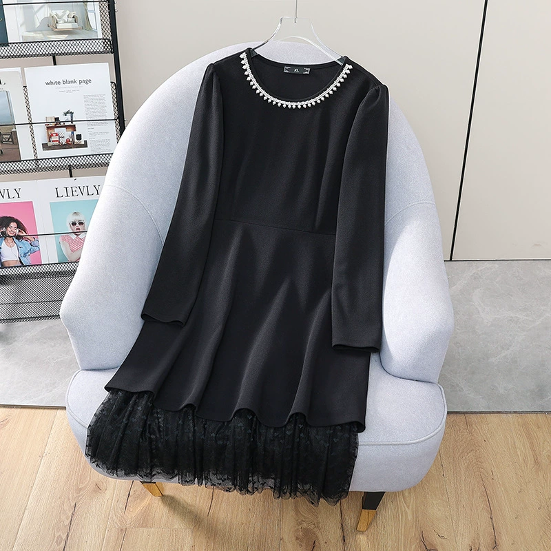 2023 женское платье больших размеров осень и зима Новые бусины для ногтей с длинным рукавом черная Толстая сестра юбка с вышивкой