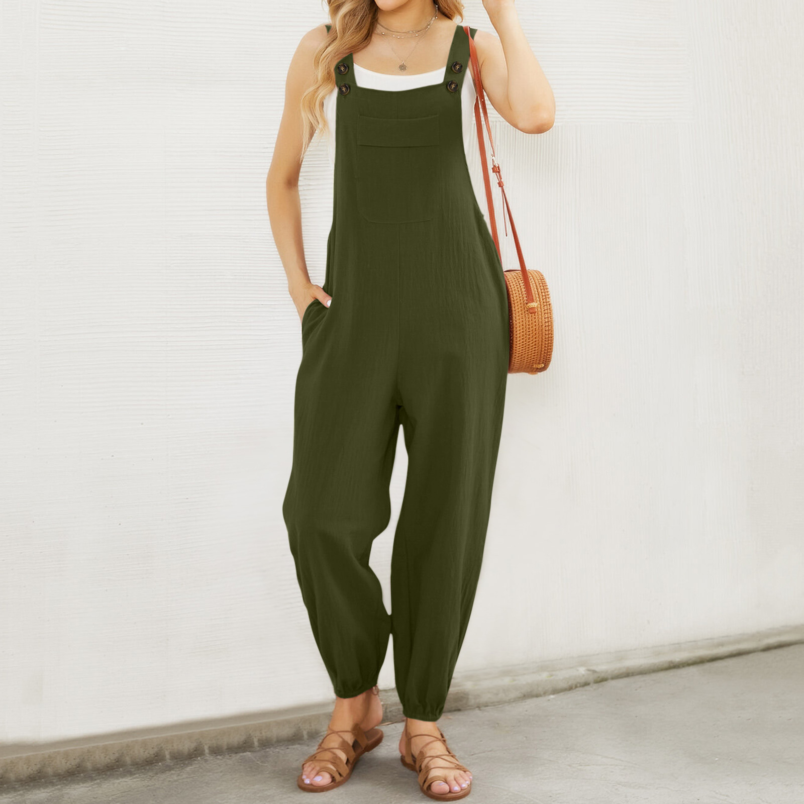 Pantalones de tirantes de bolsillo de la cintura del color sólido del mono de las mujeres europeas y americanas del algodón y del lino