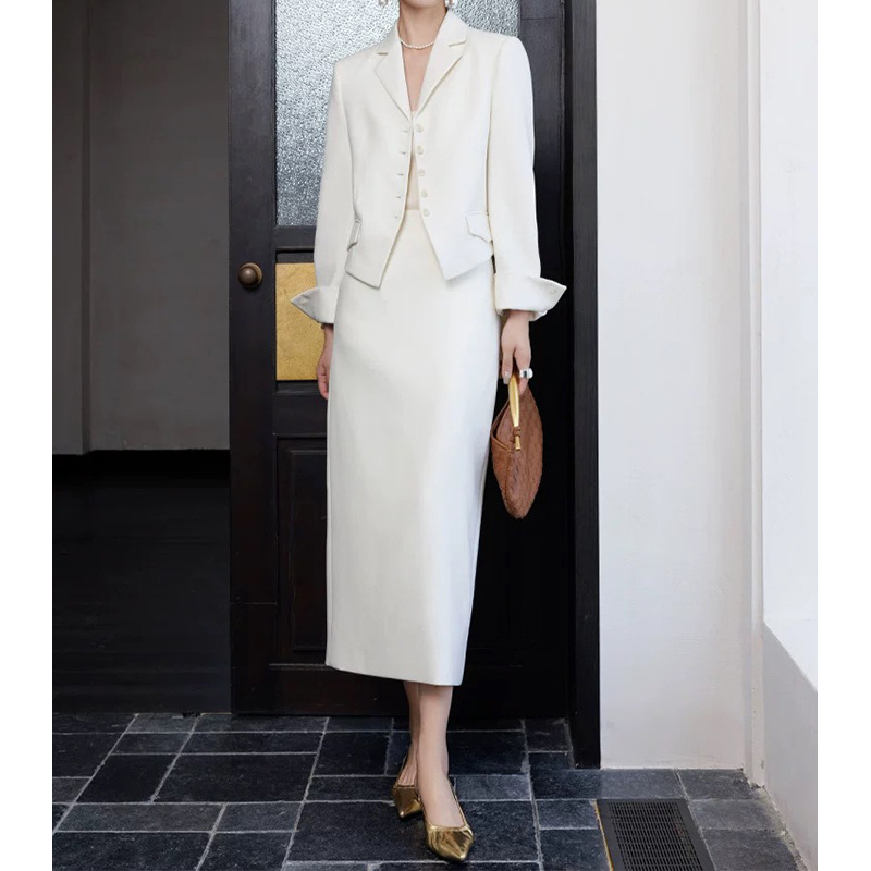 in stock factory wholesale fashion white suit suit women's worsted wool temperament short top skirt