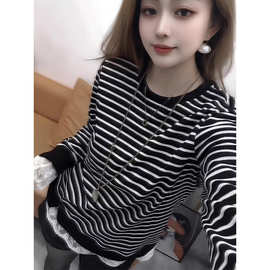 【原版做工】美式复古条纹假两件卫衣女2025春秋宽松慵懒遮肚子上