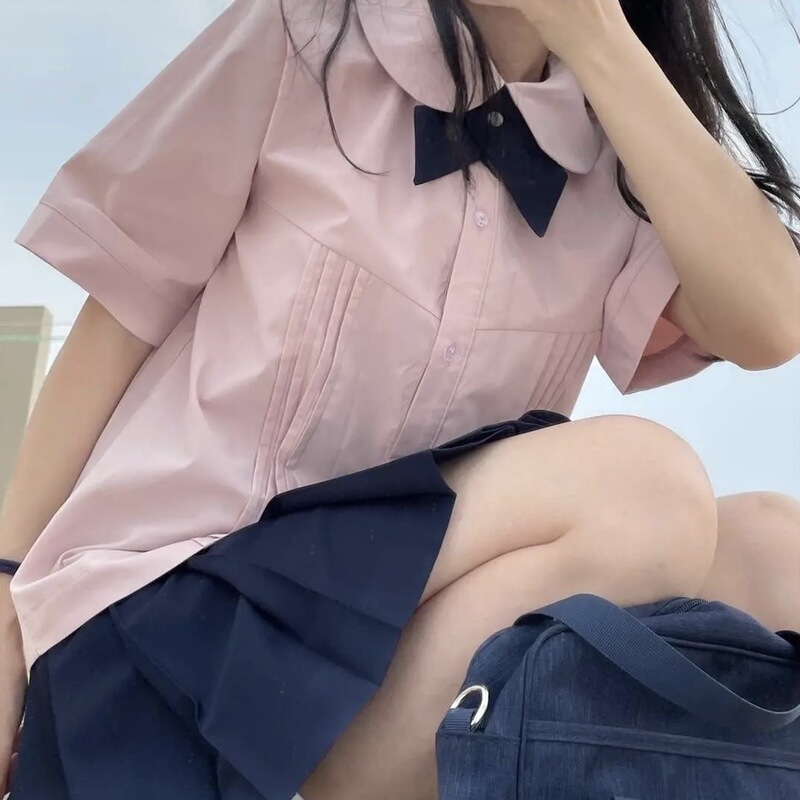 Japanese JK Uniform Shirt Women's Spring and Summer New Round Neck Piano Pleated School Style All-match Short-sleeved Shirt Student Top Japanese JK Uniform Shirt Women's Spring and Summer New Round Neck Piano Pleated School Style All-match Short-sleeved Shirt Student Top
