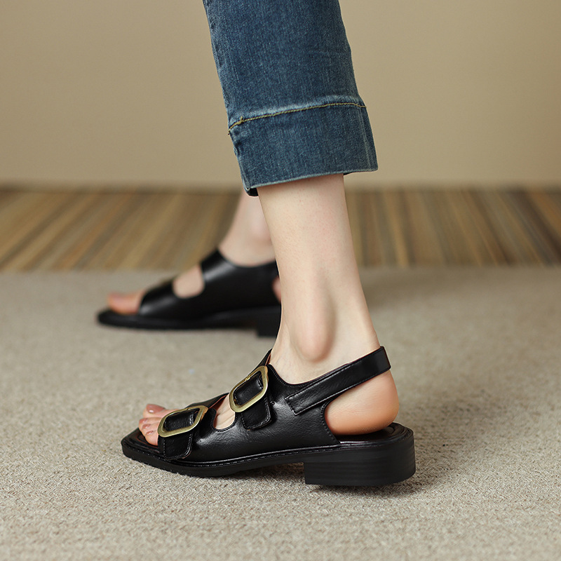 Sandal hở mũi nữ quai ngang đế thấp phong cách La Mã cổ điển, da bò màu nâu — Màu nâu chi tiết 12