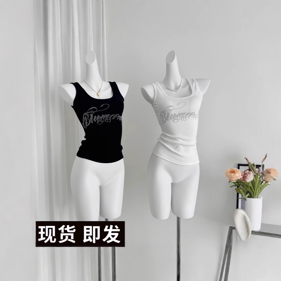 European and American style women's flash diamond letter tight Joker vest women's fashion hot diamond U collar sleeveless short vest wholesale