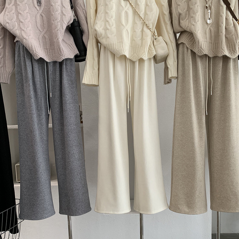 欧玛莱 日韩系老钱风糯米绒阔腿裤女冬季加绒直筒休闲裤长裤 5188