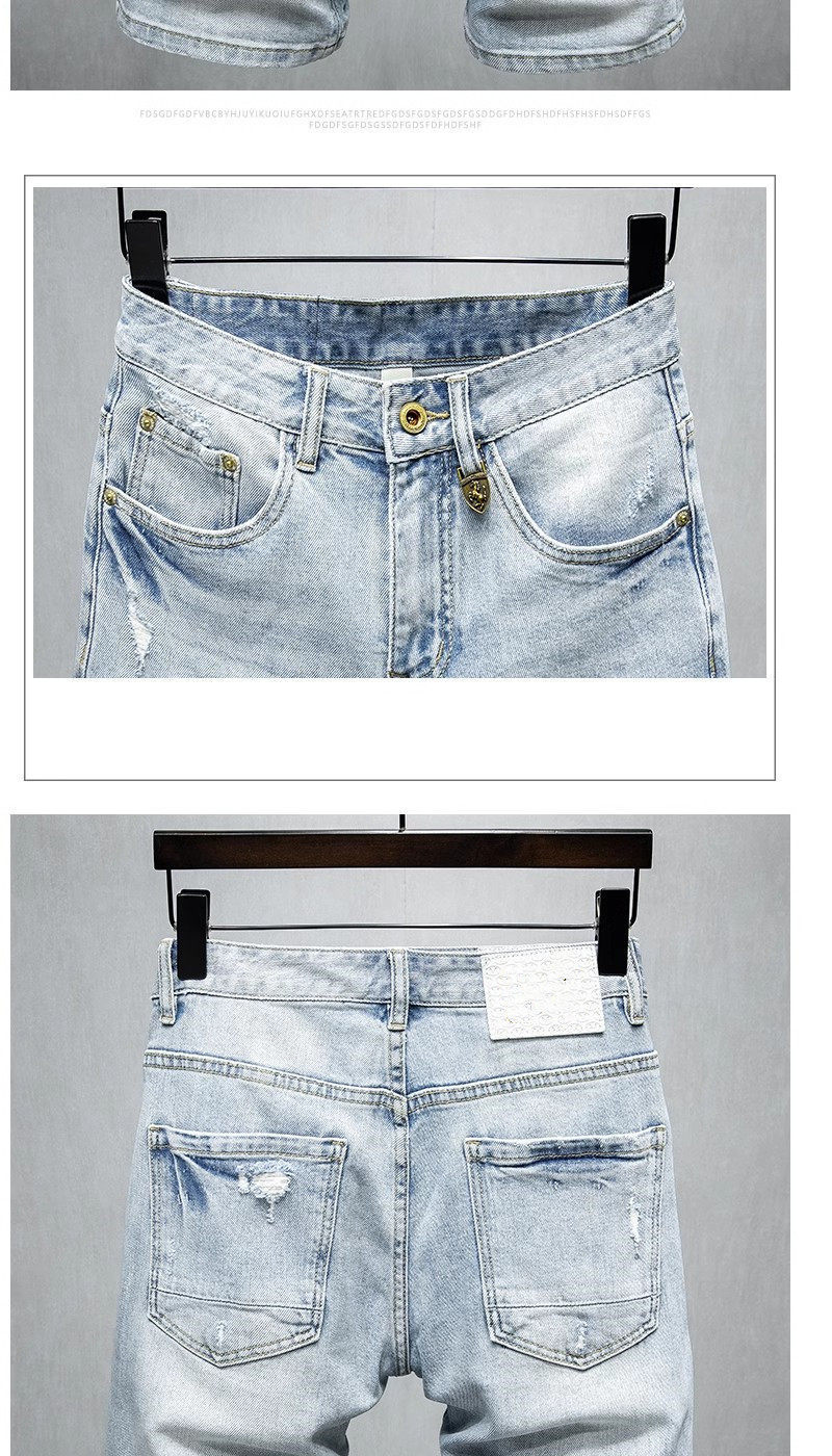 Men's Ripped Denim Shorts Light Blue Cropped Mid-Length New Summer Fashion_mkmklike.com