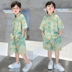 2024 Summer Boys' Hanfu Set: Casual Two-Piece Tang-style Outfit with Far Mountain Indigo Color and Knot Buttons, Perfect for Older Kids