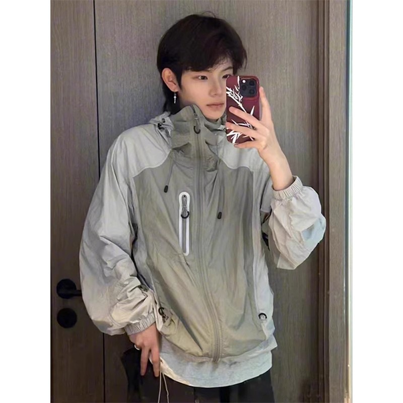 Color-blocked design, quick-drying, sun-protective windproof jacket, men's summer mountain-style outdoor sports hooded sun protection clothing