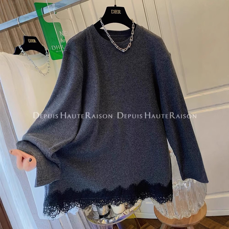 Super Beautiful Foreign Style Sanding Lace Stitching Crewneck Base Shirt Women's Autumn and Winter Inner Loose Long Sleeve T-Shirt Top Ins