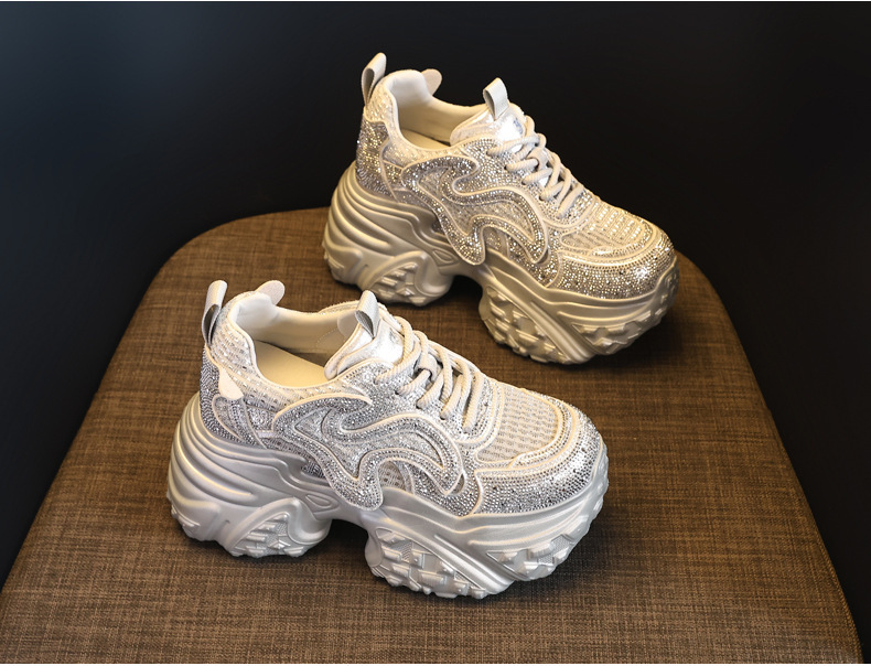Giày sneaker nữ chunky đế dày lưới thoáng, phối đá rhinestone sáng — màu trắng chi tiết 5