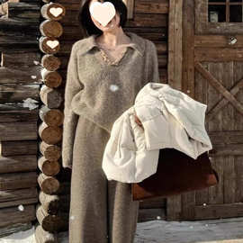 灰色亮片v领翻领毛衣深秋初冬穿搭慵懒感超好看宽松针织衫女