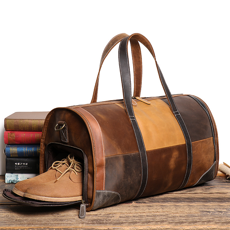Retro-style men's color-blocked genuine leather tote bag, crazy horse leather travel bag, large capacity shoulder/crossbody luggage bag.